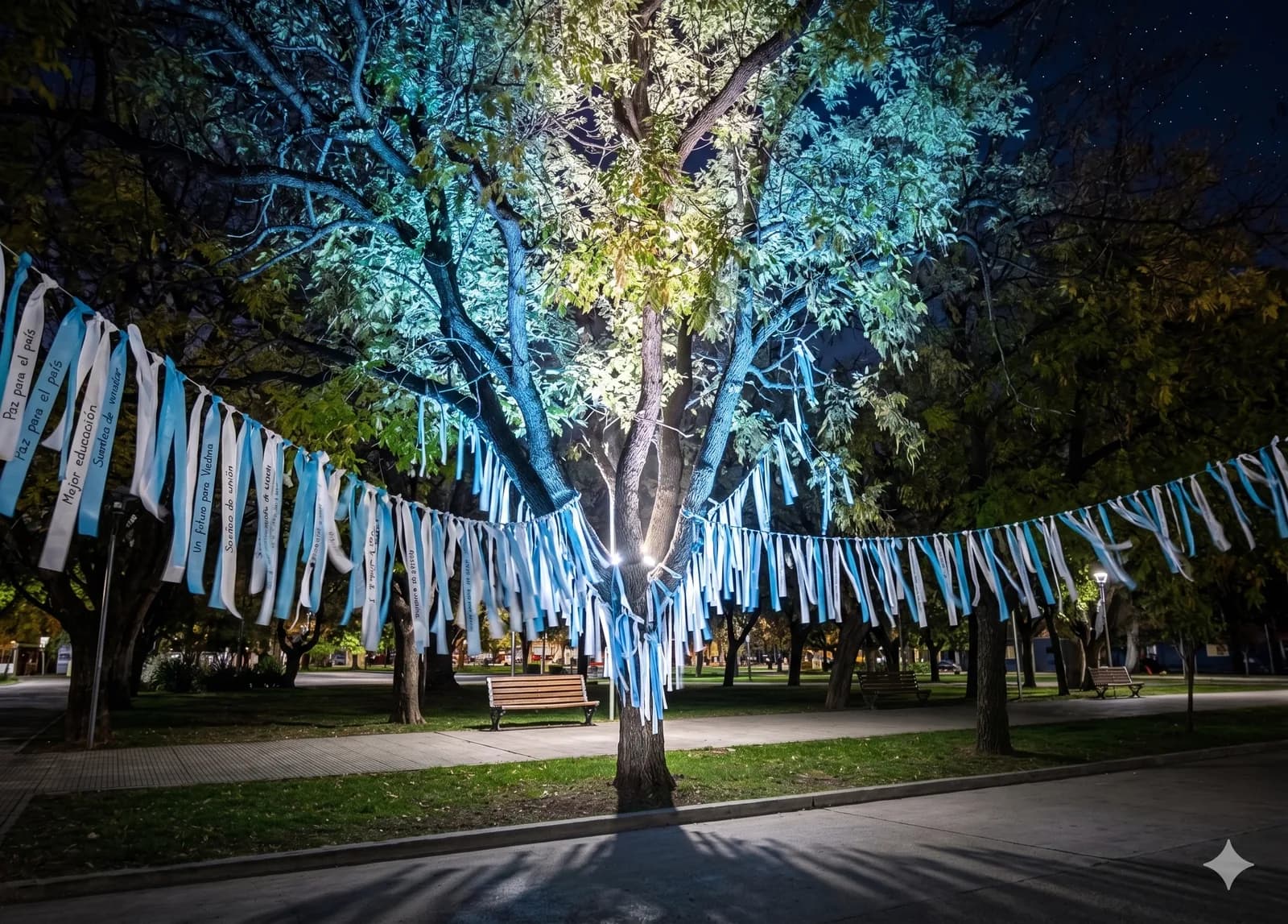 Árbol con cintas celestes y blancas colgadas como deseos