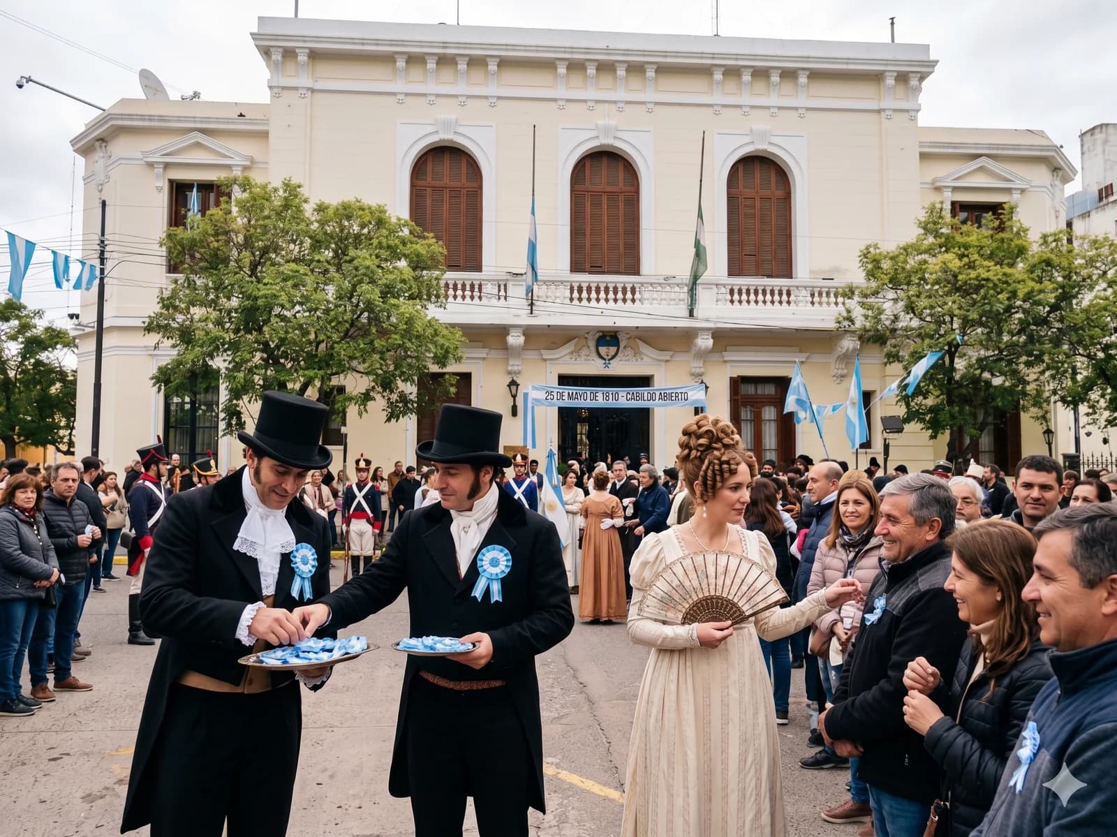 Actores caracterizados como French, Beruti y Mariquita Sánchez frente a la Residencia de los Gobernadores · Cabildo Abierto 1810