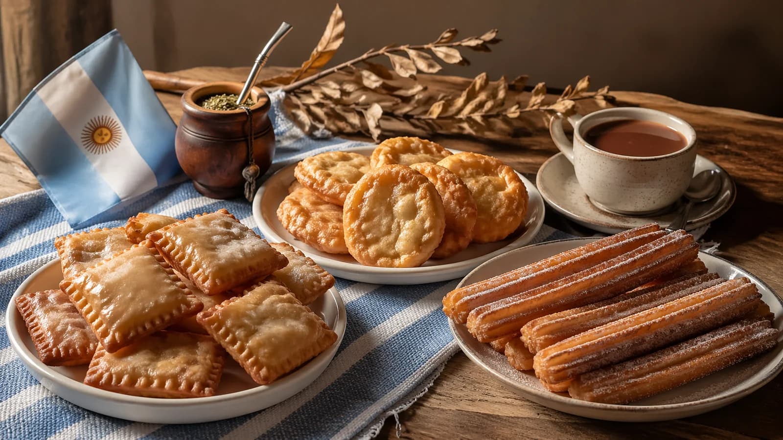 Bodegón criollo con pastelitos, tortafritas y churros · bandera argentina, mate y chocolate