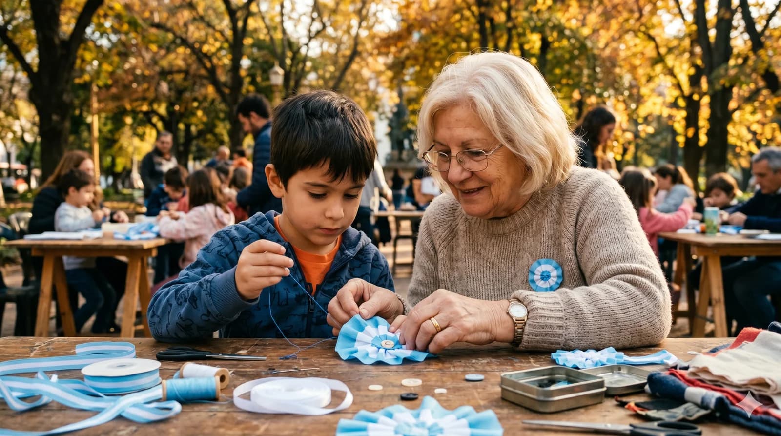 Abuela enseñando a su nieto a coser una escarapela celeste y blanco