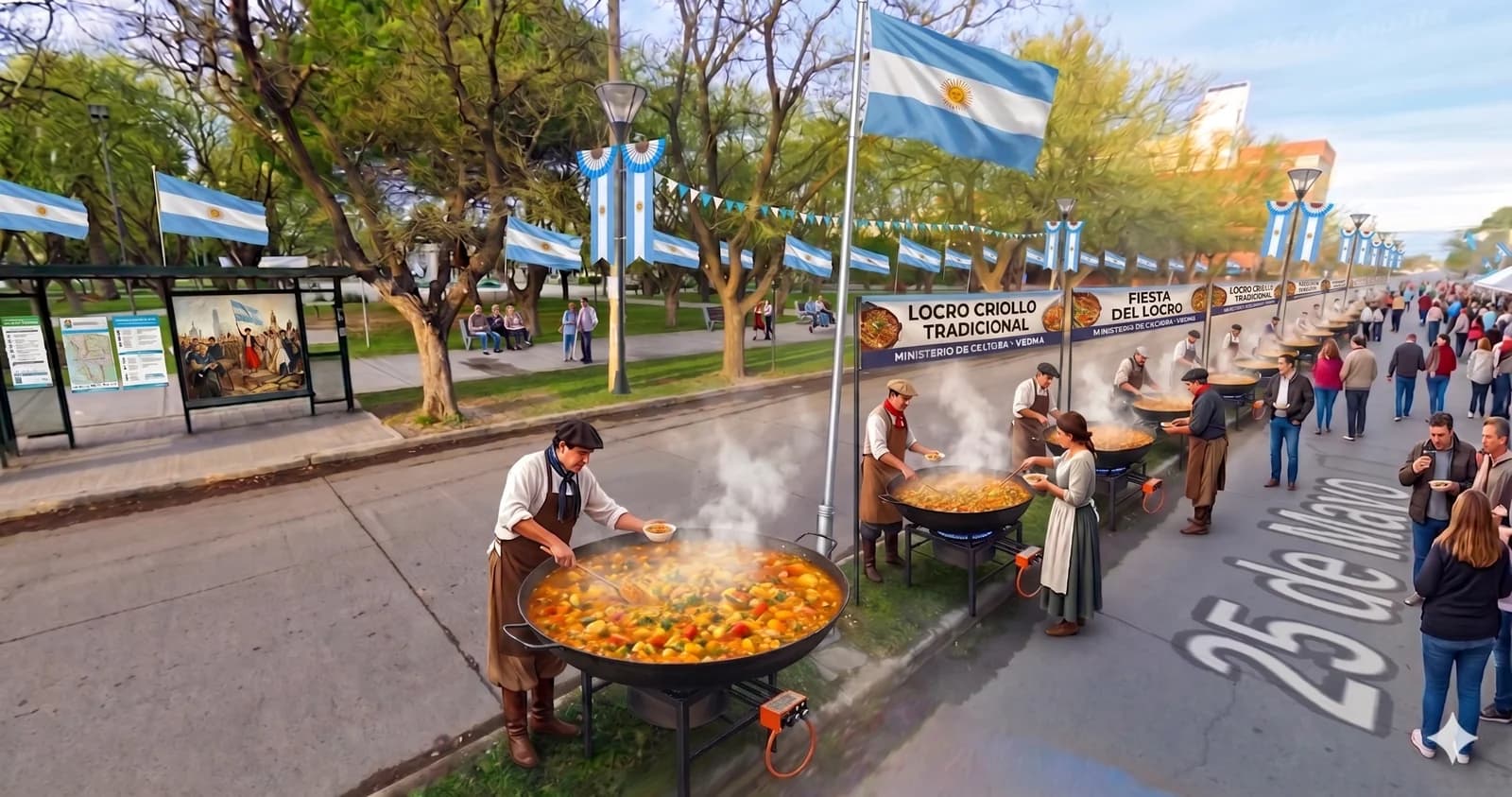 Cocina en vivo del Locro Patrio · ollas gigantes en la calle