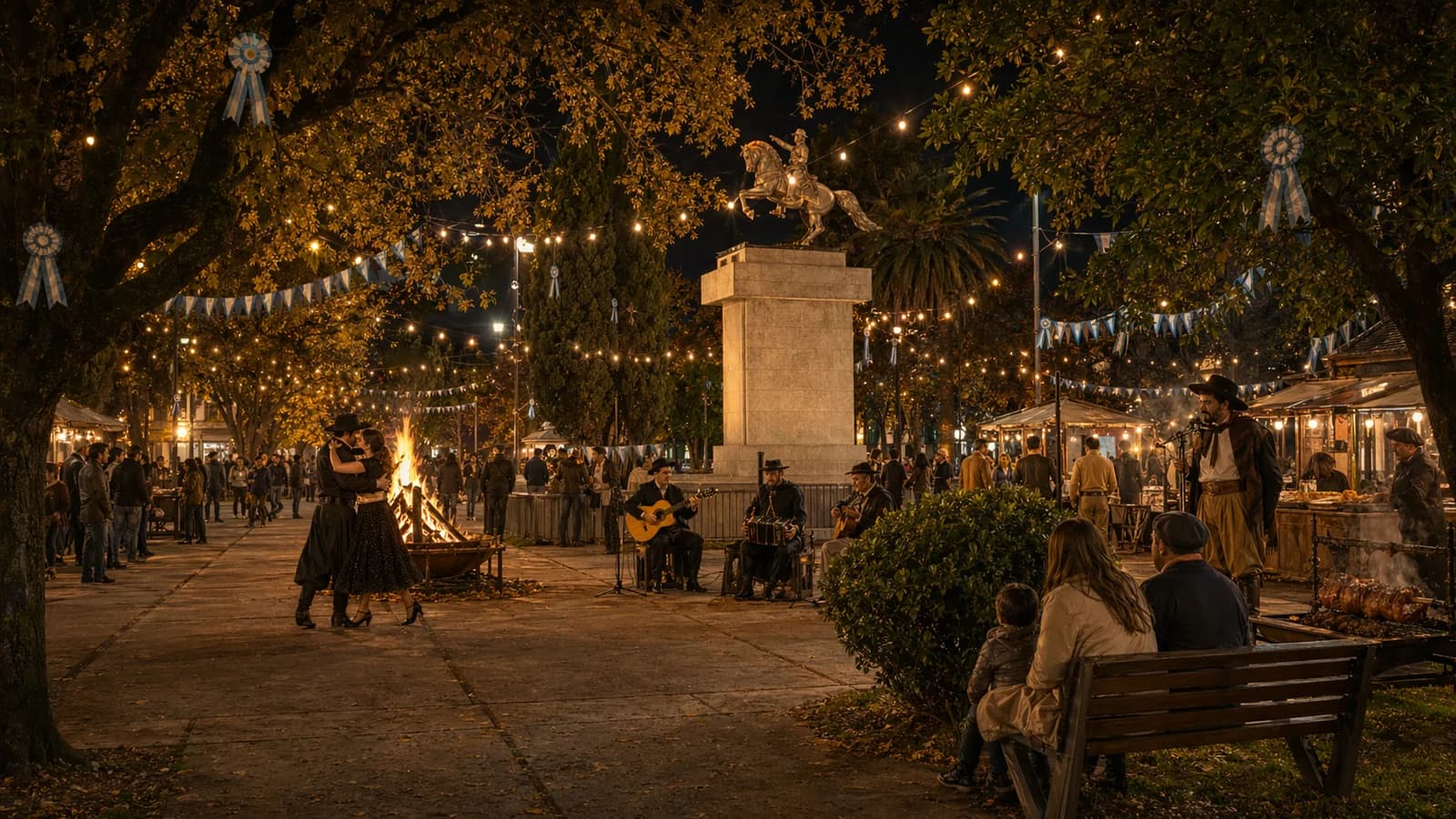 Fogón nocturno en plaza con guitarrista y parejas bailando bajo luces cálidas