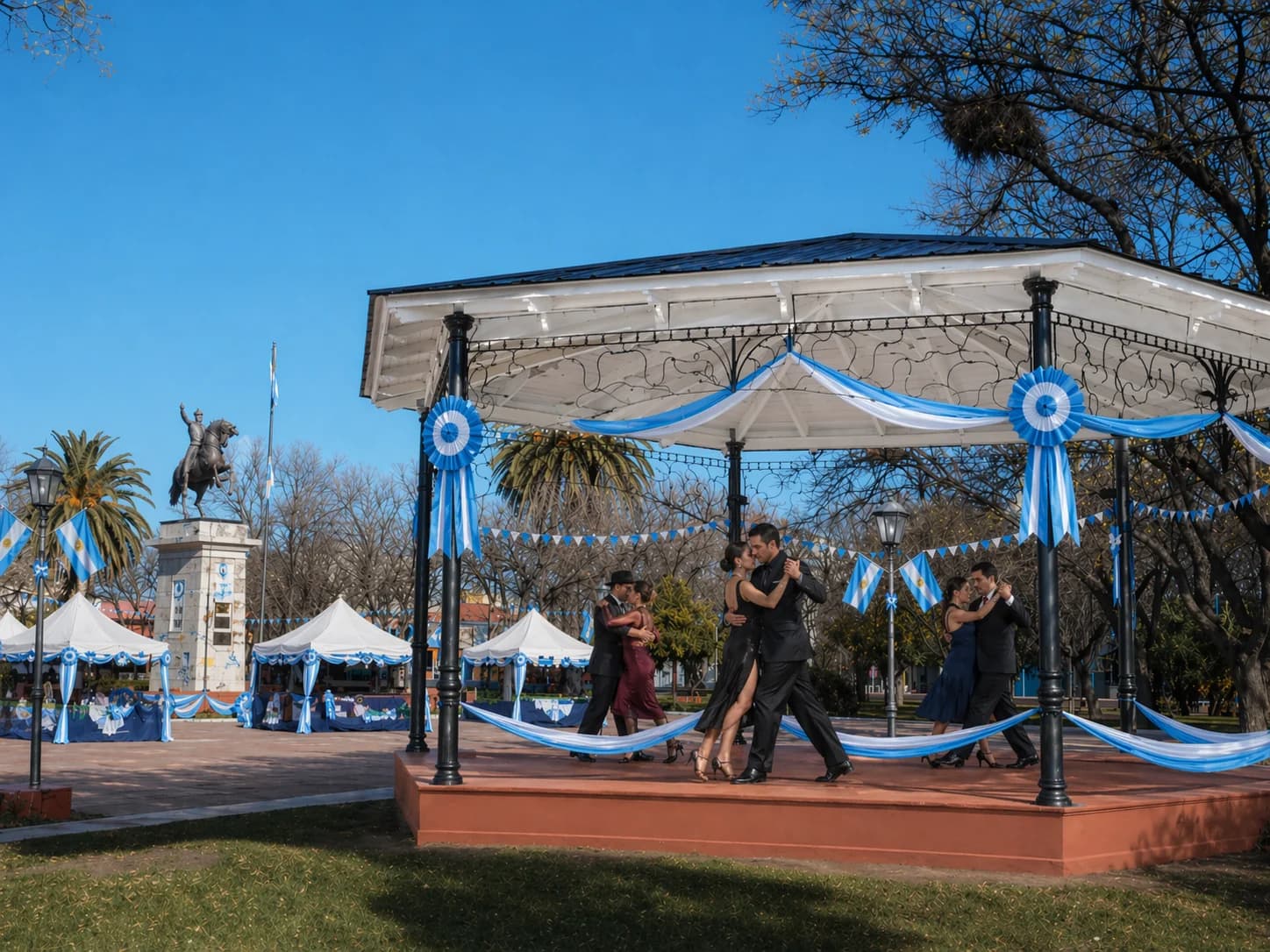 Parejas de tango bajo pérgola con escarapelas celeste y blanco