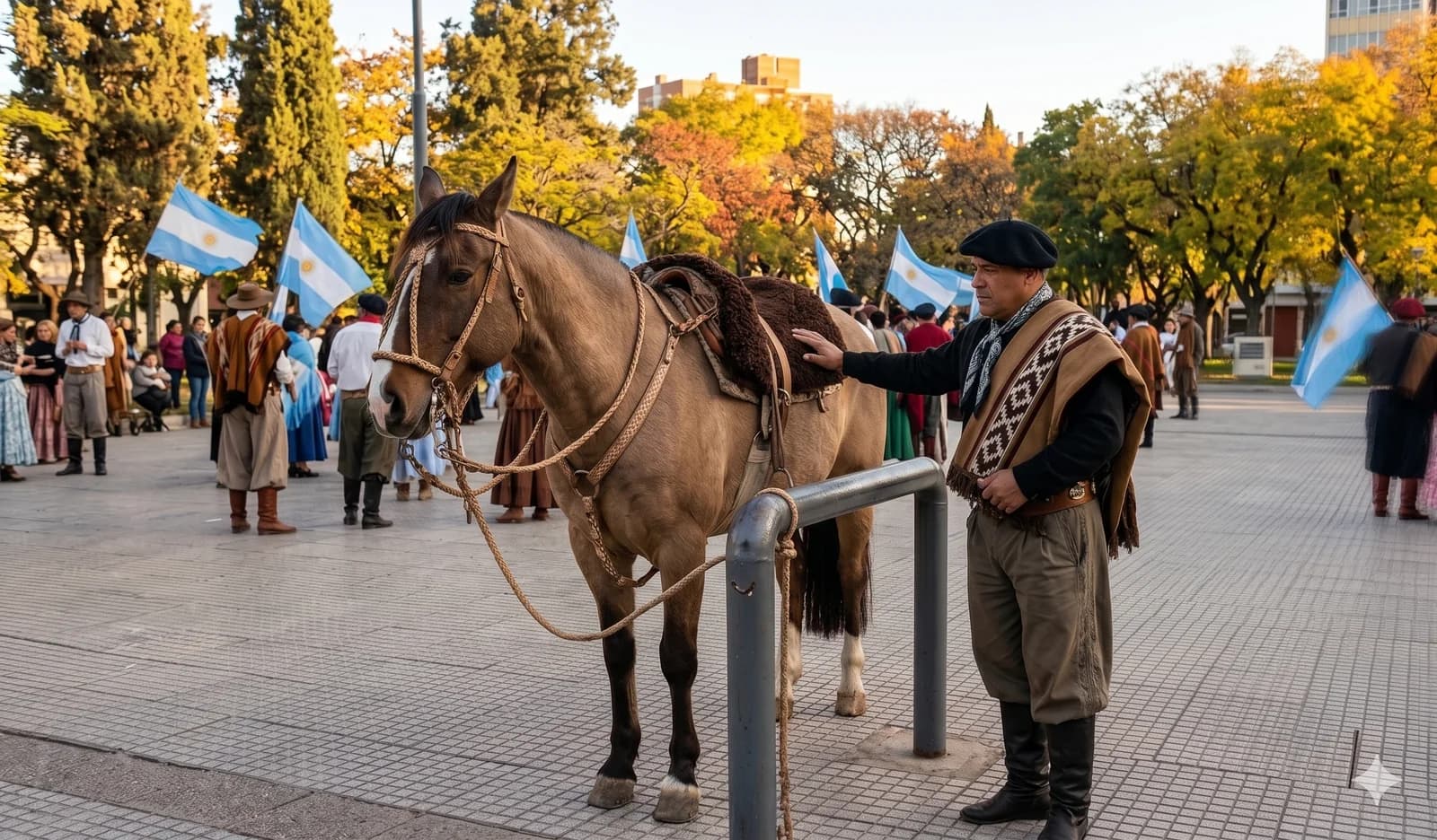Jinete tradicionalista argentino con su caballo criollo en plaza pública