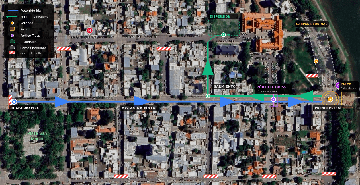 Mapa de planificación — recorrido, palco, carpas, colectividades y cortes de calle